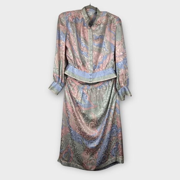 Anne Crimmins for Umi Collections 80s Silk Blouse Skirt Set Pastels Satin Sz 14 - Picture 1 of 12